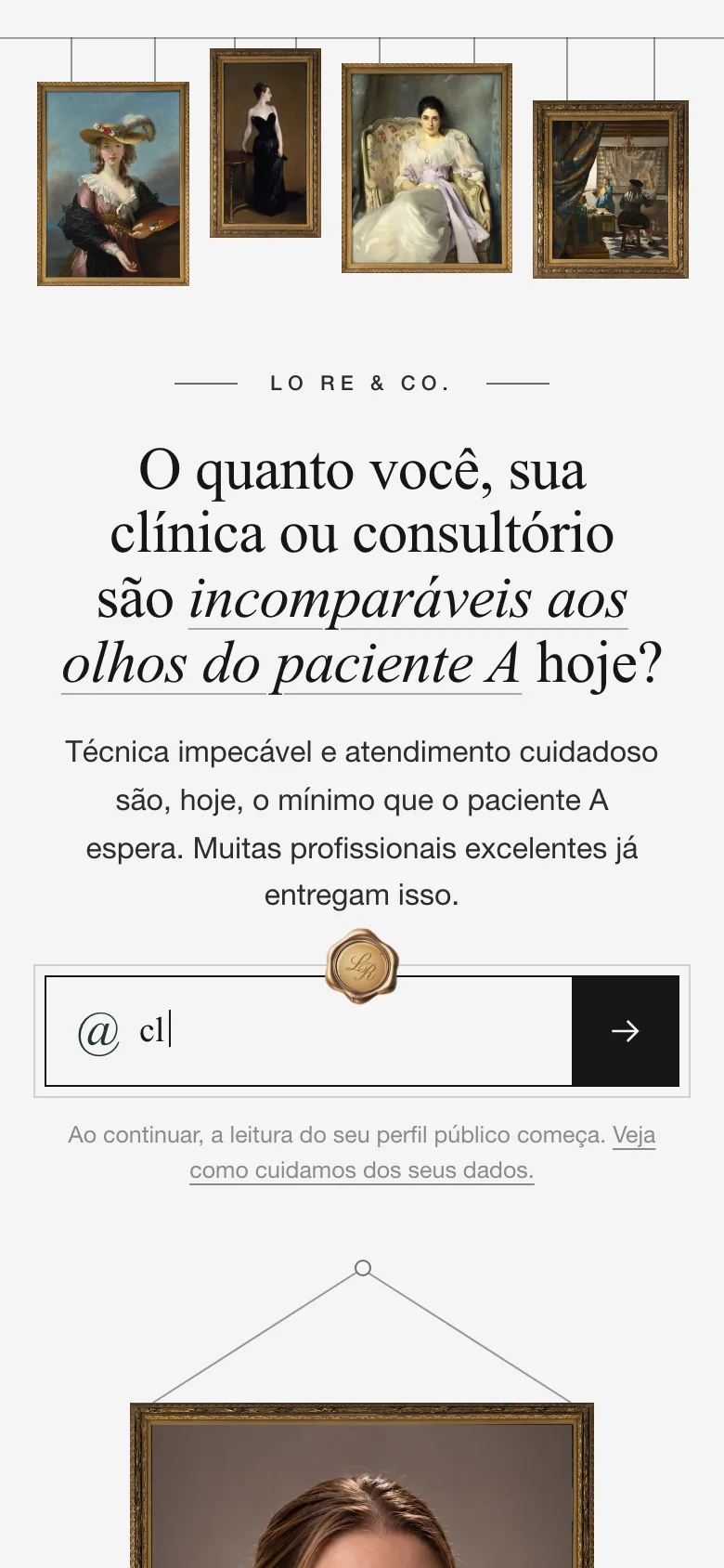 Tela de abertura da Avaliação: os quadros no trilho, a pergunta sobre a marca e o campo do @
