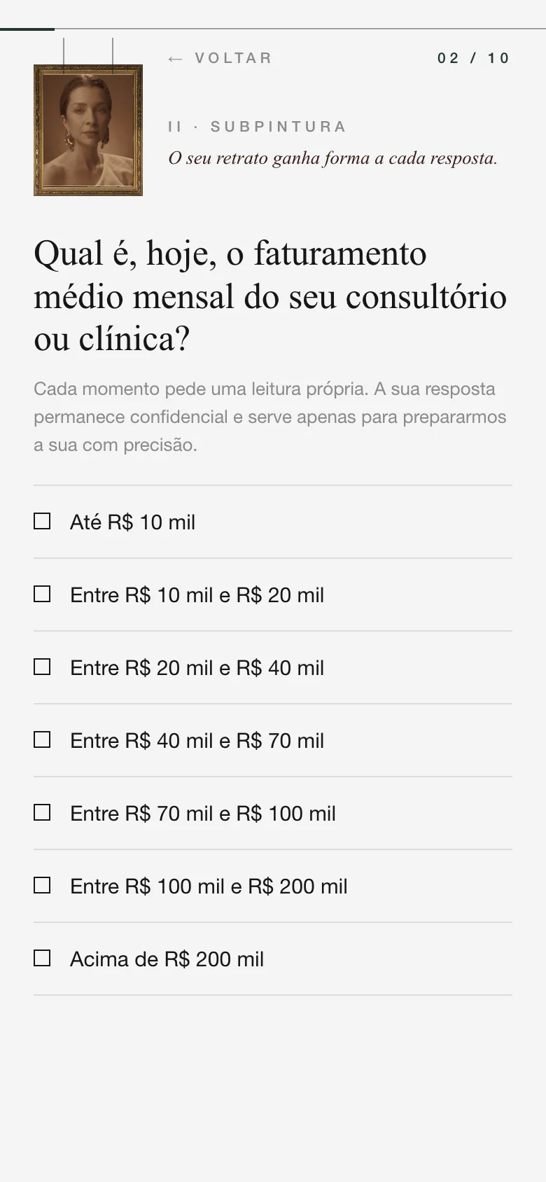 Tela de pergunta 2 de 10: o retrato em subpintura, a pergunta sobre faturamento e as opções