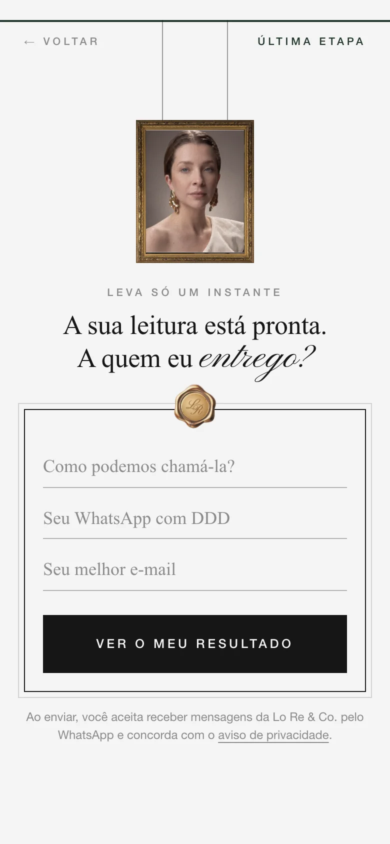 Tela de contato: o retrato pronto, a pergunta A quem eu entrego? e a caixa com nome, WhatsApp e e-mail