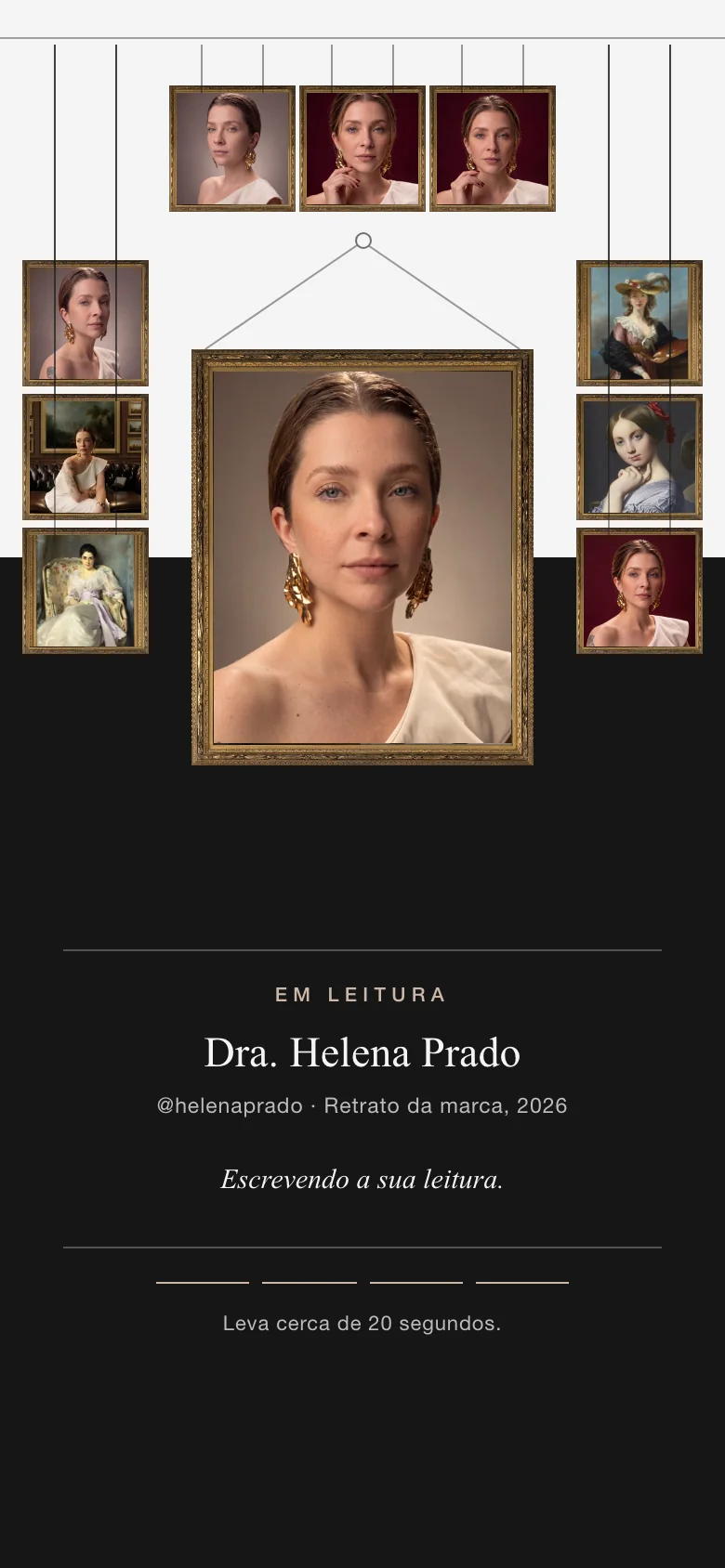 Tela de leitura: as nove publicações emolduradas na parede, o retrato no centro e a placa Em leitura