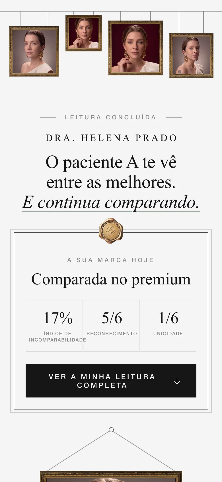 Tela de resultado: Leitura concluída, o nome dela, o veredito e o certificado com o índice