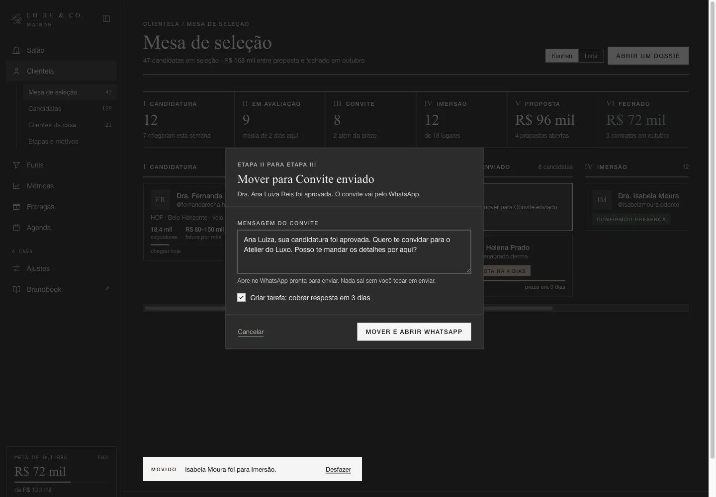 A Mesa de seleção no tema escuro, com o modal de mover uma candidata para Convite enviado